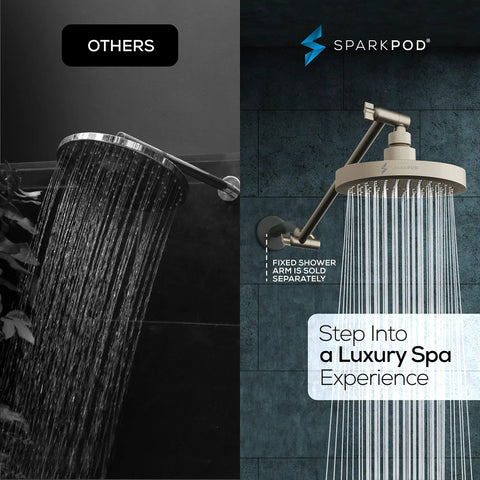 Round Rain Shower Head With Extension Arm Height Adjustable High Pressure Performance Easy 1 Minute Installation 6 Inch Brushed Nickel Finish Luxury Spa Shower Upgrade For Strong Consistent Water Flow, side view comparison.