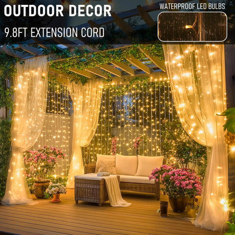 Warm White 300 LED Curtain Lights For Bedroom And Window Backdrop Indoor Outdoor Fairy String Lights illuminating patio