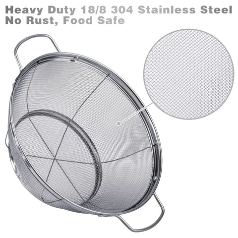 Three Pack 18/8 Stainless Steel Colander Sieves Set With Handy Handles And Resting Base For No Fuss Straining Draining Rinsing Or Steaming In 5 Quart 4 Quart And 3 Quart Sizes, highlighted mesh and handles