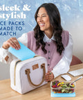 Woman placing XL Slim Ice Packs For Lunch Boxes And Coolers Quick Freeze Reusable Ice Packs into lunch bag