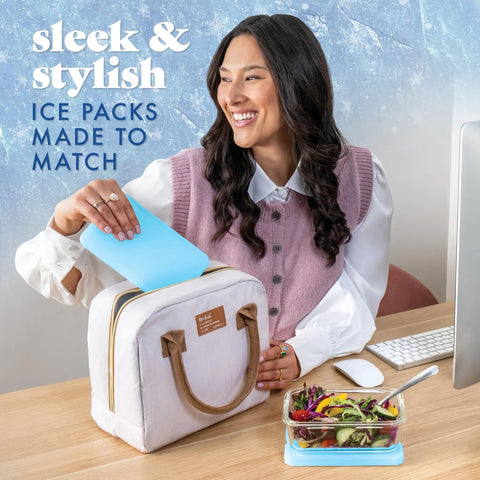 Woman placing XL Slim Ice Packs For Lunch Boxes And Coolers Quick Freeze Reusable Ice Packs into lunch bag