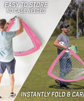 Easy setup of Pink Pop Up Soccer Goal For Kids 4 Foot By 3 Foot Portable Backyard Net With Stakes, foldable and lightweight