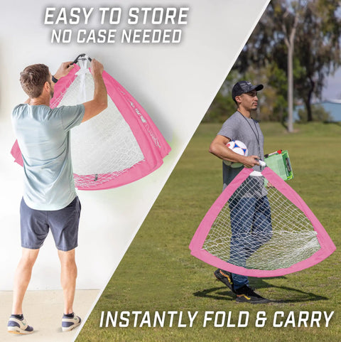 Team Tone 4 Feet By 3 Feet Pop Up Soccer Goals For Kids Set Of 2 Portable Backyard Nets With 6 Stakes Pink folded for transport