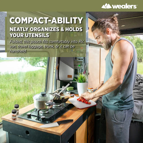 Man using 12 Piece Camp Kitchen Cooking Utensil Set With Travel Organizer Portable Grill Tools For Backpacking Camping And Hiking Water Resistant Case Compact Gear For BBQ Outdoor Cookware Kit Gray