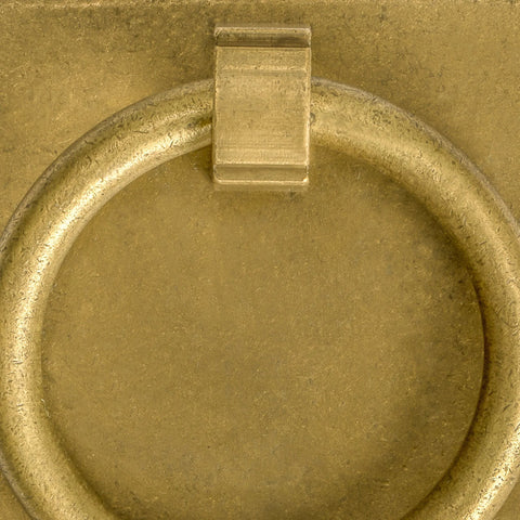 Close-up of Ring Plate Pulls Set Of 2 In Solid Brass For Cabinets And Furniture 2.36 Inches Wide, showcasing brass texture.