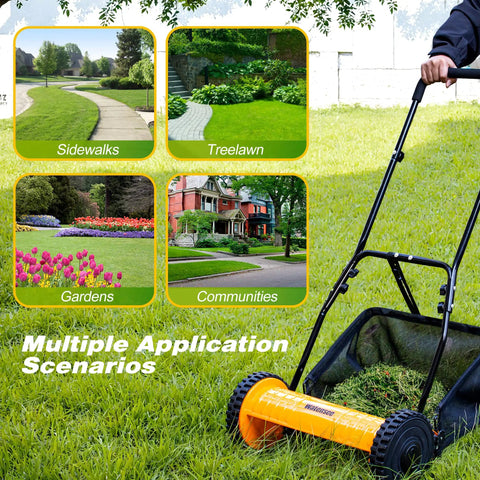 16 Inch 5 Blade Push Reel Lawn Mower With Removable Seven Point Nine Gallon Grass Catcher in various lawn scenarios