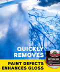 Reflection on car surface before and after using DA 5 Inch Microfiber Cutting Disc Set For Dual Action Polisher That Takes Out Moderate Scratches Swirls And Paint Defects For Pro Level Car Detailing Pads 2 Pack, with product shown in corner.