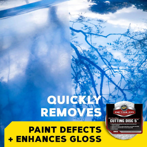Reflection on car surface before and after using DA 5 Inch Microfiber Cutting Disc Set For Dual Action Polisher That Takes Out Moderate Scratches Swirls And Paint Defects For Pro Level Car Detailing Pads 2 Pack, with product shown in corner.