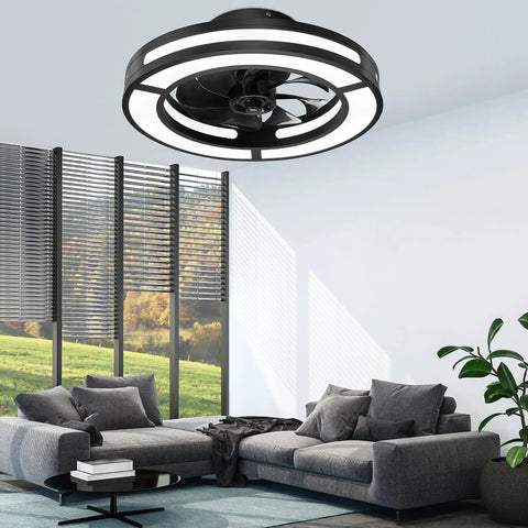 Compact 19 Inch Ceiling Fan With Lights And Smart App Control, Remote Included, Low Profile Flush Mount in a modern living room