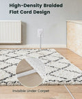 Installed 10 Ft 360 Degree Rotating Flat Plug Extension Cord With Three Outlets, Braided Flat White Power Cable, under carpet