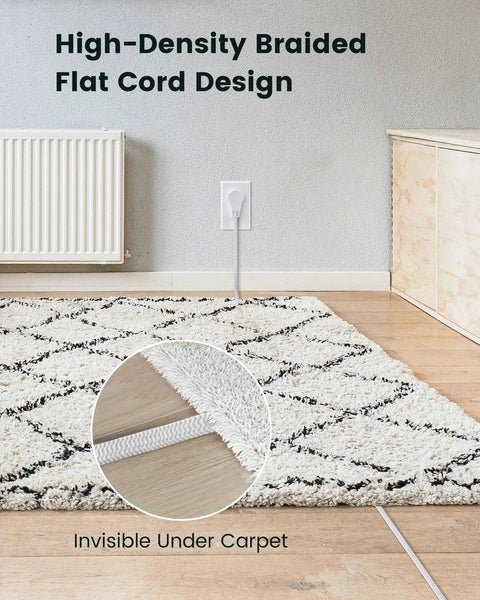 Installed 10 Ft 360 Degree Rotating Flat Plug Extension Cord With Three Outlets, Braided Flat White Power Cable, under carpet