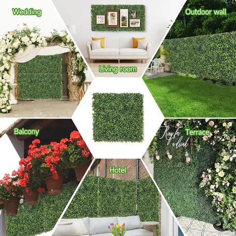 Collage showcasing Eight Piece 10 By 10 Inch Artificial Grass Wall Panels with 100 Zip Ties in various indoor and outdoor settings.