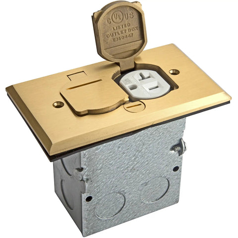 Flip Lid Floor Box Kit With One Gang Receptacle, 20 Amp Tamper Resistant Weather Resistant Outlet, Brass Cover, Watertight Gasket