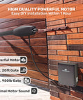 Rock Solid Dual Automatic Swing Gate Opener For Driveways Up To 20 Foot Span And Nine Hundred Fifty Pound Load Heavy Duty Electric Motor With Remote Complete Kit All Season Weather Ready Smart App Control mounted on a wooden gate with installation details.