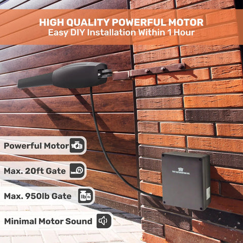 Rock Solid Dual Automatic Swing Gate Opener For Driveways Up To 20 Foot Span And Nine Hundred Fifty Pound Load Heavy Duty Electric Motor With Remote Complete Kit All Season Weather Ready Smart App Control mounted on a wooden gate with installation details.