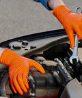 Heavy Duty 100 Count Orange Nitrile Gloves With Thick 8 Mil Industrial Build featuring rock solid grip used for automotive repair.