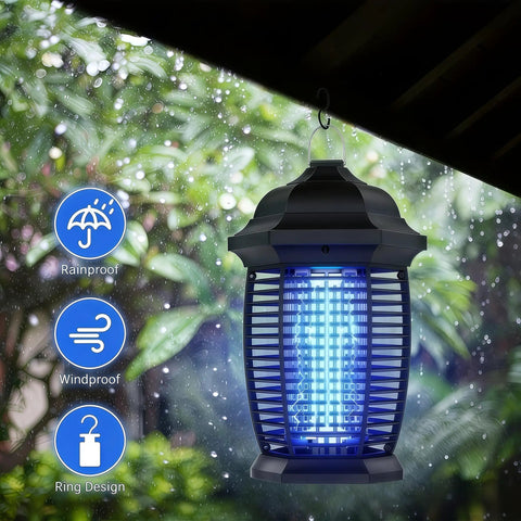 Powerful 20W 4200V Electric Bug Zapper For Indoor Outdoor Use With IPX4 Waterproof Design And 6 Foot Cord For Patio Garage Backyard Mosquitoes Flies Moths Wasps And More, shown hanging outdoor in rain with light on.