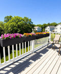 Foldable Metal Railing Planter Box Set With 30 Inch Balcony Planters And Adjustable Brackets installed on a deck railing