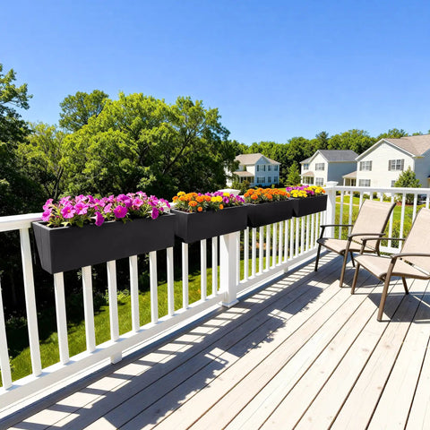 Foldable Metal Railing Planter Box Set With 30 Inch Balcony Planters And Adjustable Brackets installed on a deck railing