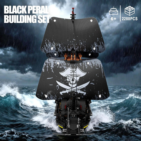 Pirate Ship Building Set With Lights 2288 Piece Three Masted Model That Works With Lego front view of black ABS plastic pirate ship