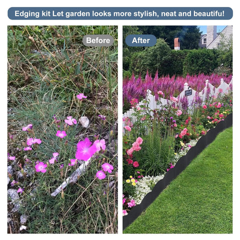 Before and after using No Dig Garden Edging Kit 20 Ft Black Landscape Border With 20 Stakes 6 Inch Tall Heavy Duty PP Plastic Edging.