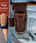 5 Pocket Pliers and Hammer Holder Leather Tool Pouch in Full Grain Dark Tan worn on belt