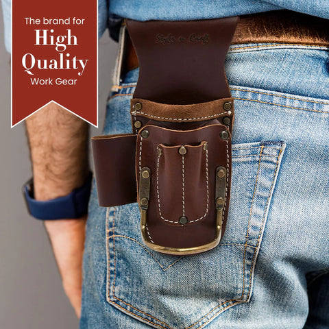 5 Pocket Pliers and Hammer Holder Leather Tool Pouch in Full Grain Dark Tan worn on belt