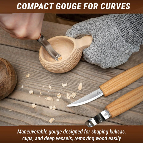 Sweet Complete Wood Spoon Carving Kit Featuring Razor Sharp Hook Knife Premium Sloyd Blade And Wide Bowl Gouge for shaping kuksas.