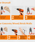 Step-by-step guide on installing Heavy Duty Steel Garage Hooks 30 Pack With Anti Slip Coating for walls, shown in images.