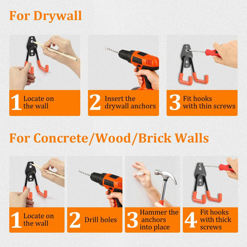 Step-by-step guide on installing Heavy Duty Steel Garage Hooks 30 Pack With Anti Slip Coating for walls, shown in images.