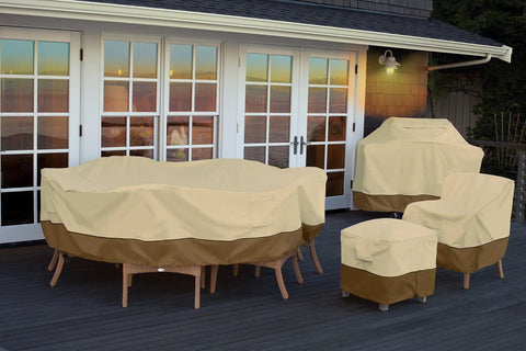 Water Resistant 108 Inch Rectangular Oval Patio Table And Chair Cover With Bound Seams High Density Stitching Padded Handles And Matching Webbing