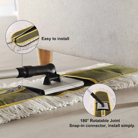 Side view of 36-Inch Heavy Duty Microfiber Dust Mop with Long Handle cleaning under furniture on hardwood floor.