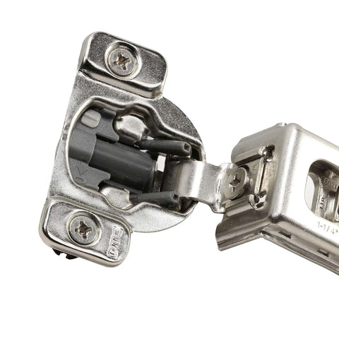Close-up of Beefy One And One Quarter Inch Overlay Soft Close Cabinet Hinge with 105 Degree Opening Angle, Face Frame Concealed