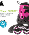 Side view of a pink Girls Adjustable Inline Skates For Fitness And Fun Pink Bubblegum Durable Youth Skates with black frame and wheels.
