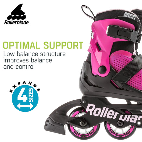 Side view of a pink Girls Adjustable Inline Skates For Fitness And Fun Pink Bubblegum Durable Youth Skates with black frame and wheels.