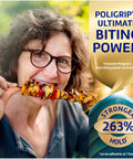 Person biting into kebab with text on image highlighting Poligrip's ultimate biting power and stronger hold for dentures.