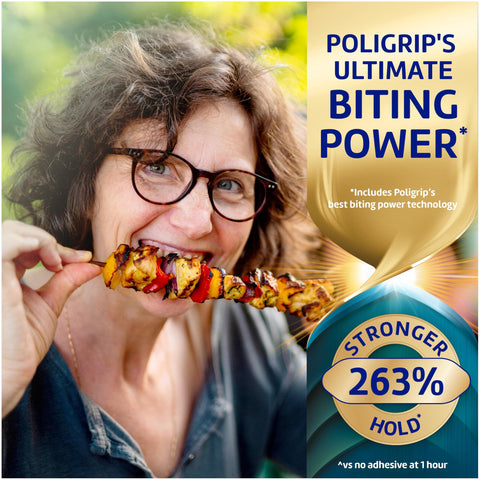 Person biting into kebab with text on image highlighting Poligrip's ultimate biting power and stronger hold for dentures.