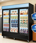 Rock Solid 70 Cu Ft Commercial Glass Door Freezer with items displayed in fridge, ideal for bars and restaurants.