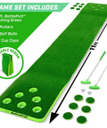 BattlePutt 11 Ft Backyard Putting Green Pong Style Golf Mat with two putters, two balls, and twelve hole covers for hybrid golf pong gameplay.