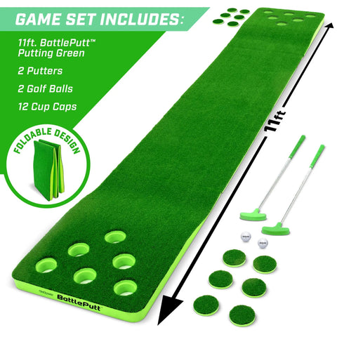 BattlePutt 11 Ft Backyard Putting Green Pong Style Golf Mat with two putters, two balls, and twelve hole covers for hybrid golf pong gameplay.
