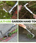Heavy Duty 12 Inch Crack Weeder With L Shaped Stainless Steel Blade For Jammed Paving Gaps And Concrete Cracks, shown in garden use.