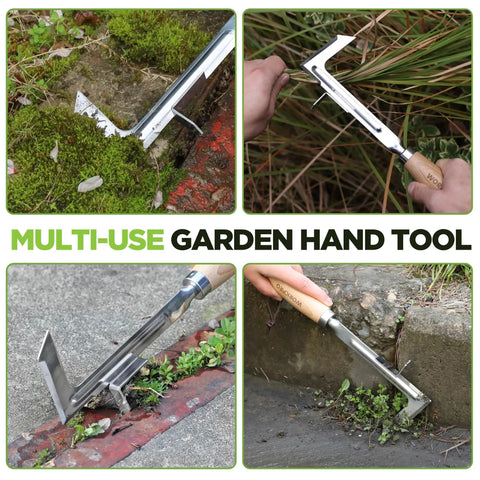 Heavy Duty 12 Inch Crack Weeder With L Shaped Stainless Steel Blade For Jammed Paving Gaps And Concrete Cracks, shown in garden use.