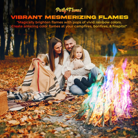 Family enjoying Color Changing Campfire Packets For Fire Pit 50 Pack Rainbow Flames For Outdoor Fireplaces And Bonfires in autumn forest