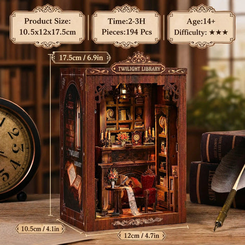 Twilight Library Edition DIY Book Nook Kit with LED lights, featuring 194 wooden puzzle pieces forming a miniature library model.
