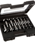 Open Forstner Bit Set 14-Piece with Open-Tooth Design in black case, showcasing a range of sizes for clean flat-bottom holes.