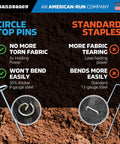 Comparison of Beefed Up Heavy Duty 6 Inch Landscape Staples with standard staples, highlighting circle top pins and material gauge.