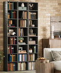 Tall Narrow Bookshelf With Eight Tier Open Cubes Space Saving Corner Bookcase Floor Standing Storage Shelves For Living Room Office Bedroom on display in modern interior.
