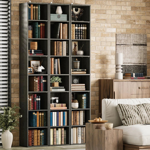 Tall Narrow Bookshelf With Eight Tier Open Cubes Space Saving Corner Bookcase Floor Standing Storage Shelves For Living Room Office Bedroom on display in modern interior.