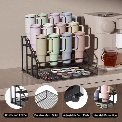 4-Tier Cup Holder Rack For Stanley 40 Oz Tumblers And Water Bottles with pull-out drawer on kitchen counter