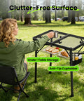 Adjustable Folding Camping Table With Three Height Levels Up To 27 Inches Perfect Grill Prep Table in use outdoors with food and drink on it